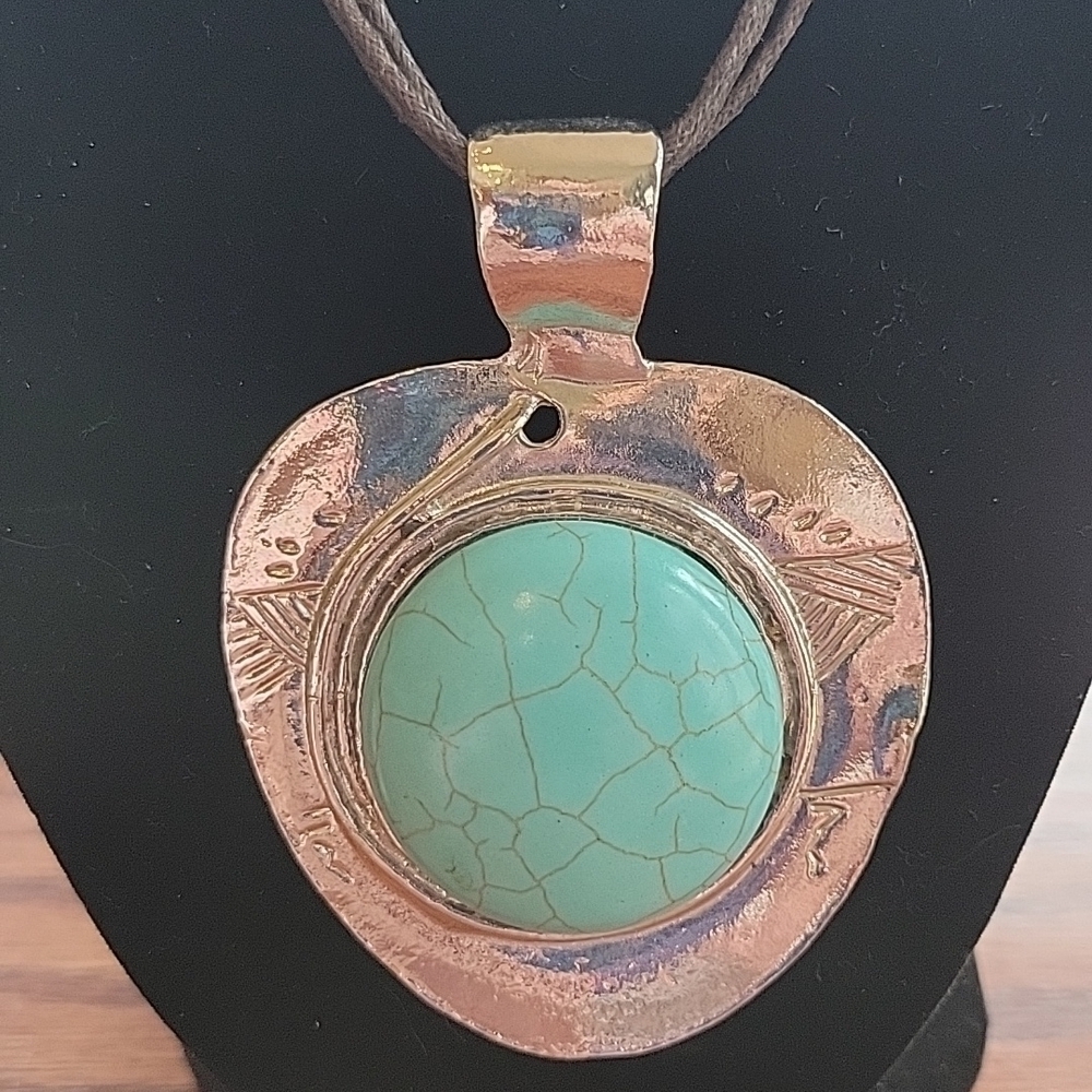 16" Turquoise silver necklace by Erica Lyons on a triple brown cord chain. - Picture 3 of 4